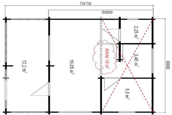 Plano 2 de casa Europa de 60 m2. Terraza y Buhardilla Incluída