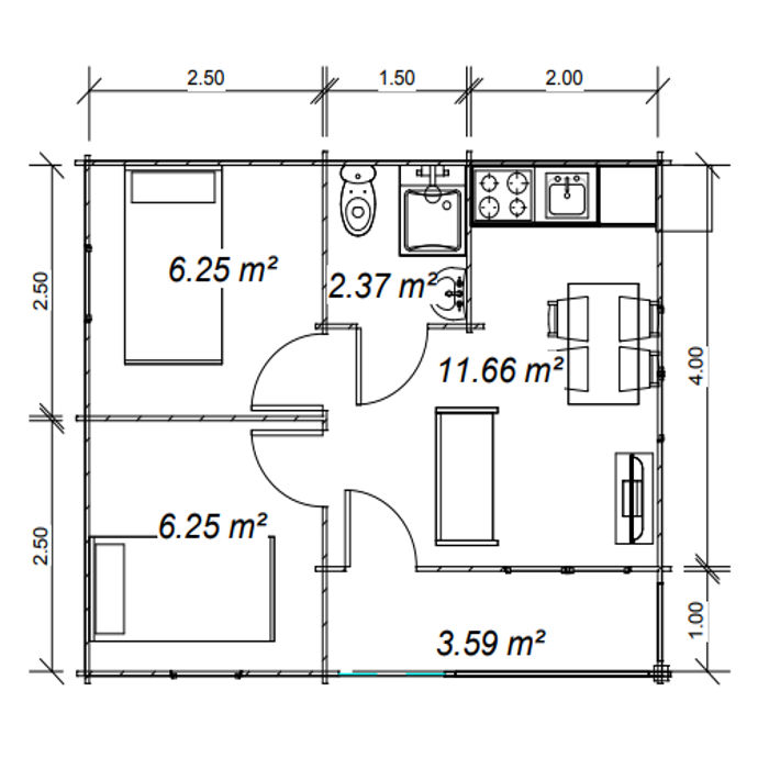 Plano 1 de casa Sunny de 30 m2.